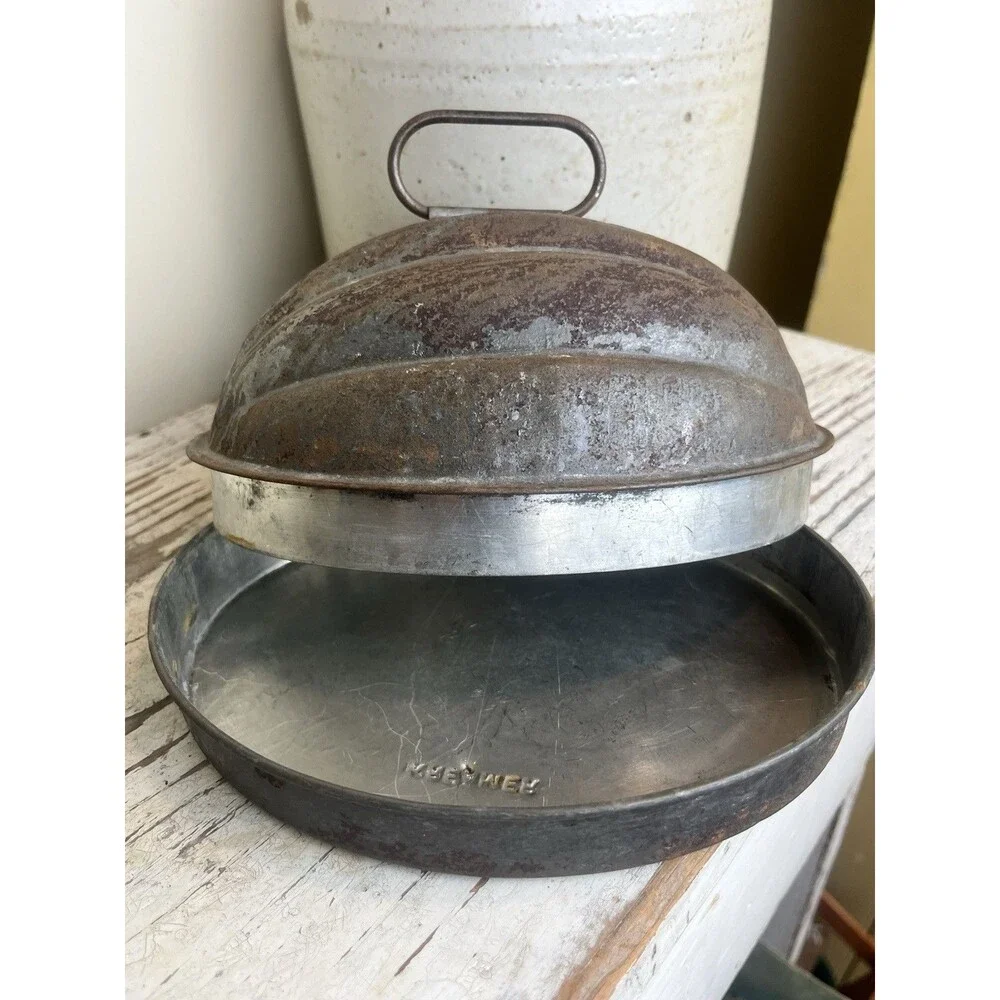 Vintage Oval Country Scalloped Serving Tray Dome, Mold, Dish W/Rust Worn Patina